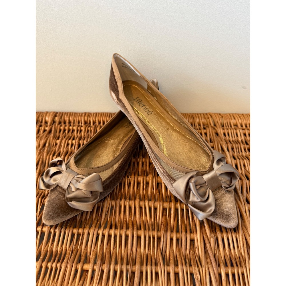 J. Renee Allitson Velvet Mesh Bow Pointed Toe Ballet Flats Taupe Bronze 10M